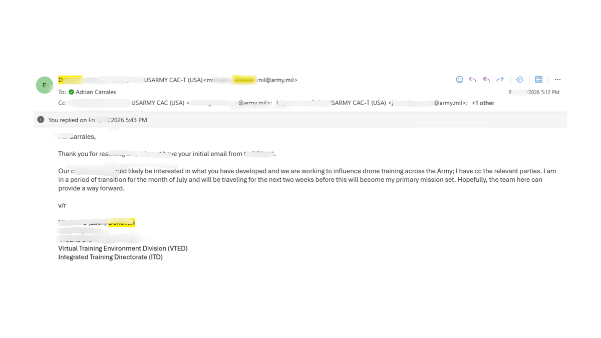 Email reply from Combined Arms Center