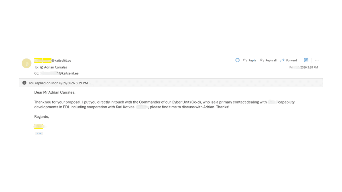 Email reply from Estonian Defence League